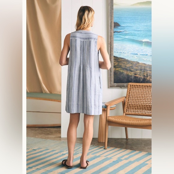 Faherty Isha Linen Dress Day Lily Stripe Blue White Boho Casual Women’s Small - Picture 2 of 12